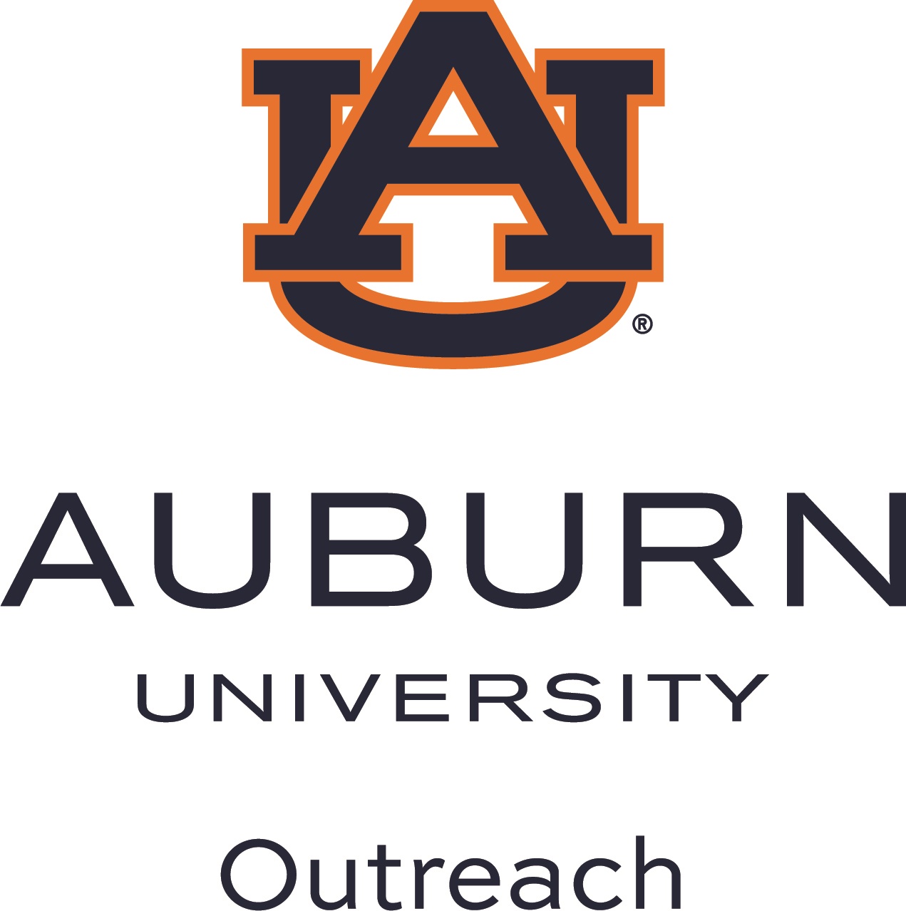 Interlocking letters of A and U in dark blue with outline of orange; Auburn University Outreach